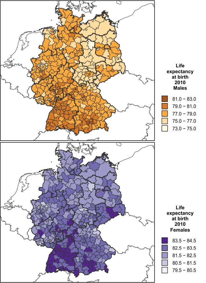 Drastic change in regional life expectancy disparities in Germany in