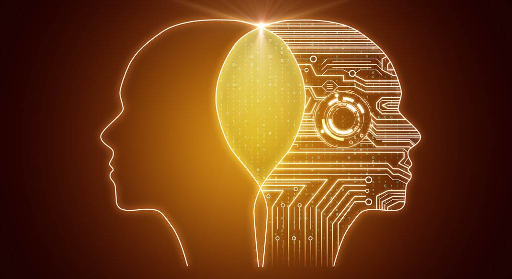 Auf diesem Bild werden zwei Köpfe schematisch dargestellt, die sich überlappen. Einer der Köpfe ist mit Schaltkreisen gefüllt. Eine Symbolbild für künstliche Intelligenz