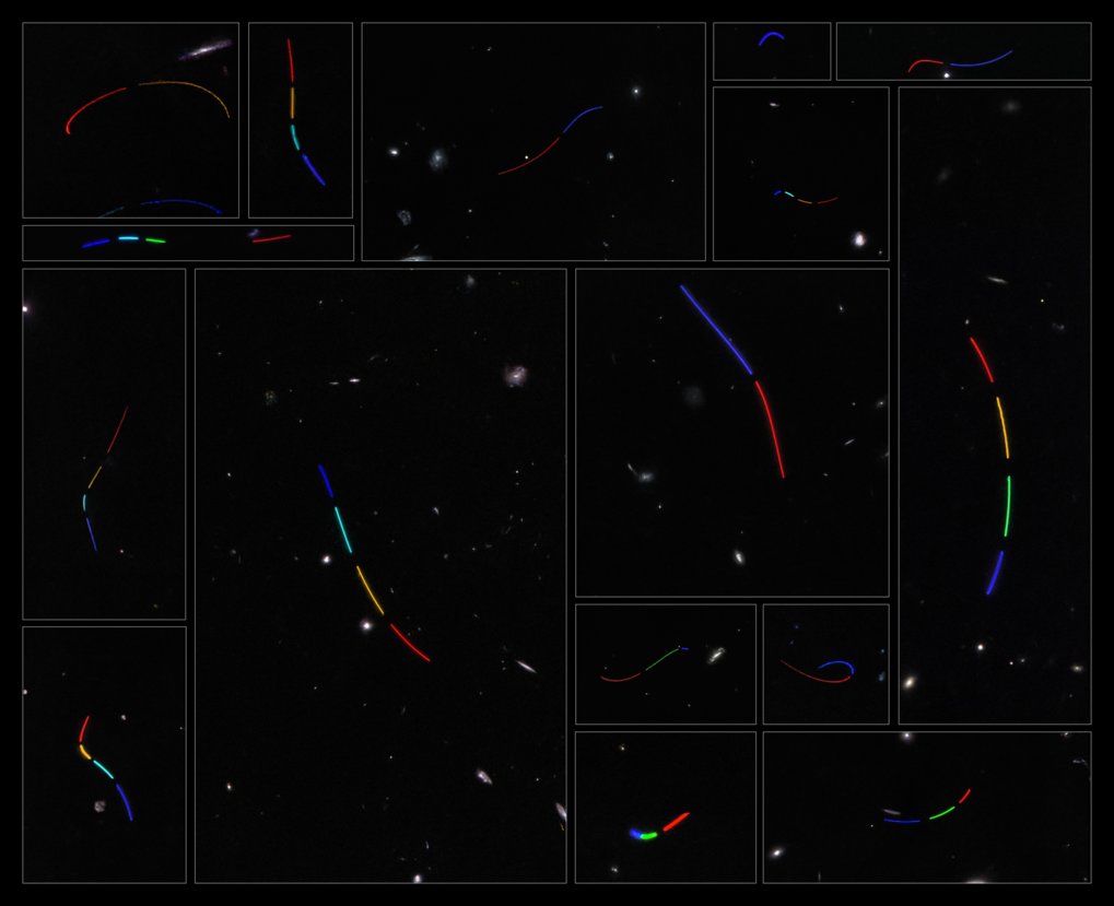 Precious mosaic: This picture consists of 16 different data sets from the Hubble Space Telescope that were studied as part of the Asteroid Hunter citizen science project. Each of these datasets was colour-assigned based on the time sequence of exposures, whereby the blue tones represent the first exposure that the asteroid was captured in and the red tones represent the last.