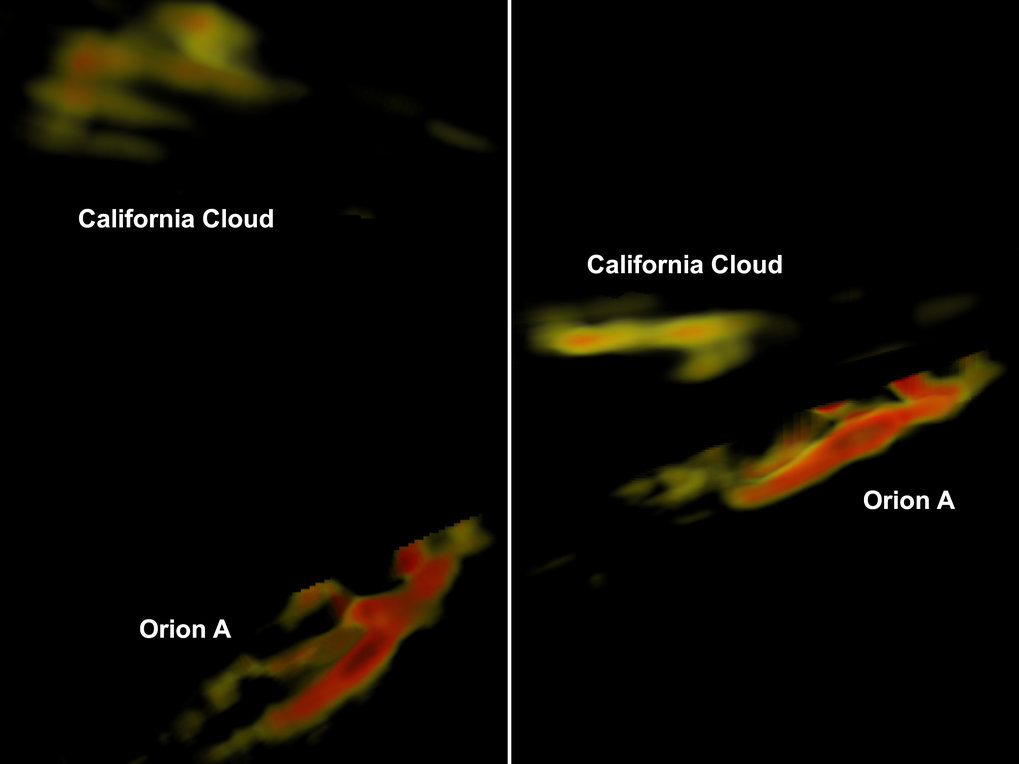 Das Bild besteht aus zwei Hälften, die nebeneinander stehen. Beide zeigen je zwei farbige Strukturen und sind mit "California Cloud" und "Orion A" beschriftet. Links: Die Struktur oben links erscheint flächenhaft und zergliedert. Die Struktur unten rechts besitzt eine längliche Gestalt mit kleinen Verzweigungen. Rechts: Die Struktur oben links erscheint länglich mit einer kleinen Blase darunter. Die Struktur unten rechts sieht ähnlich zum Bild links aus.