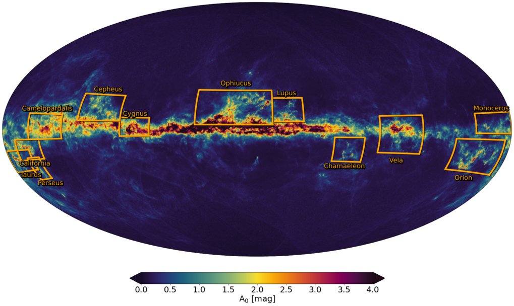 Karte der Abschwächung des Lichts in der Milchstraße durch interstellaren Staub, die aus den jetzt veröffentlichten Gaia-DR3-Daten rekonstruiert wurde. Konkret handelt es sich um eine sogenannte Extinktionskarte der Milchstraße, die mit dem GSP-Phot-Paket unter Verwendung von BP/RP-Spektren, Photometrie und Parallaxen aus Gaia-DR3 erstellt wurde. Die orangefarbenen Kästchen markieren bekannte Sternentstehungsgebiete in unserer Heimatgalaxie, in denen sich beträchtliche Mengen an Staub befinden. 