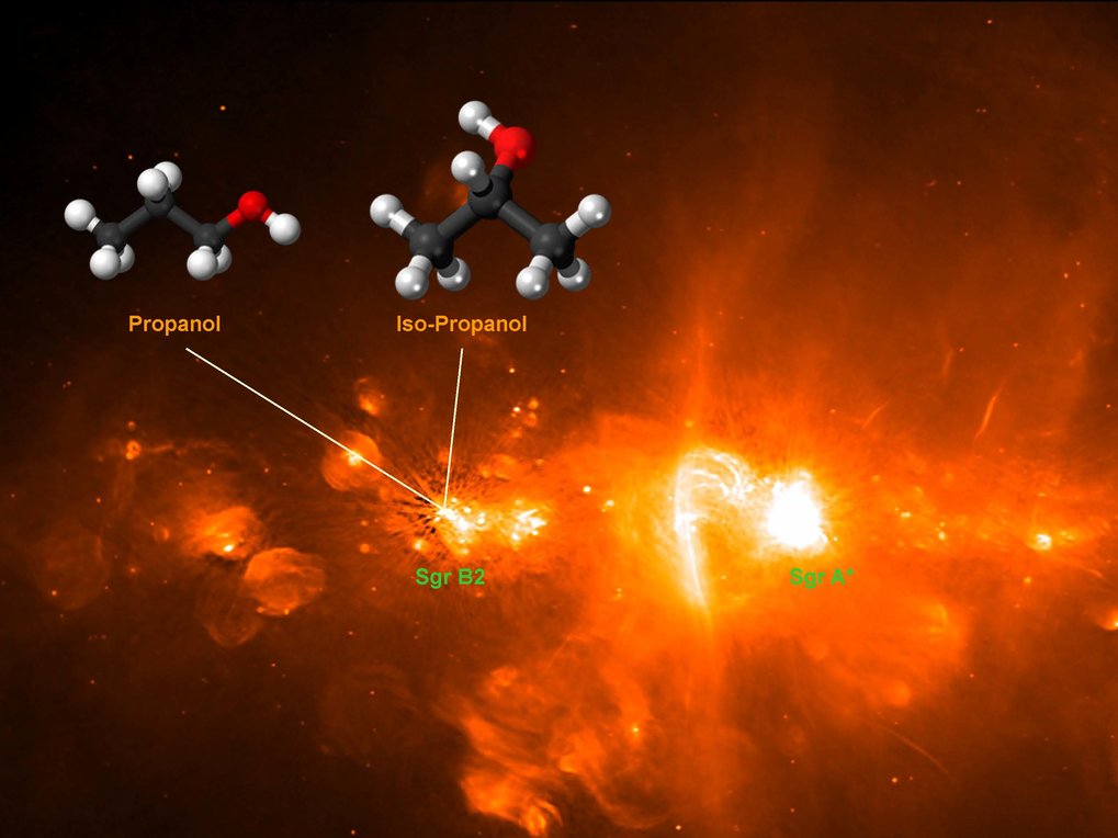 Alcohol in space: the position of star-forming molecular cloud Sagittarius B2 (Sgr B2) close to the central source of the Milky Way, Sgr A*. The image, taken from the GLOSTAR Galactic Plane Survey (Effelsberg & VLA) shows radio sources in the Galactic centre region. The isomers propanol and iso-propanol were both detected in Sgr B2 using the ALMA telescope.