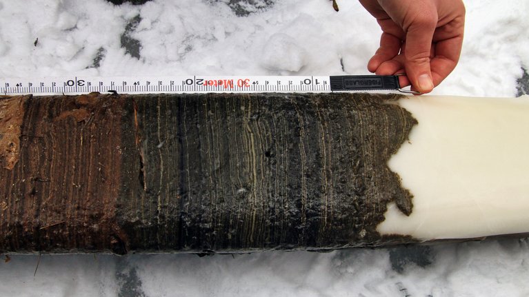 Sediment core lying in the snow with metre stick next to it
