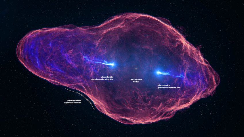 Violett leuchtende und wabernde Gasblase in Cocoon-Form vor schwarzem Hintergrund mit blauen Lichtstrahlen entlang einer Linie im Inneren