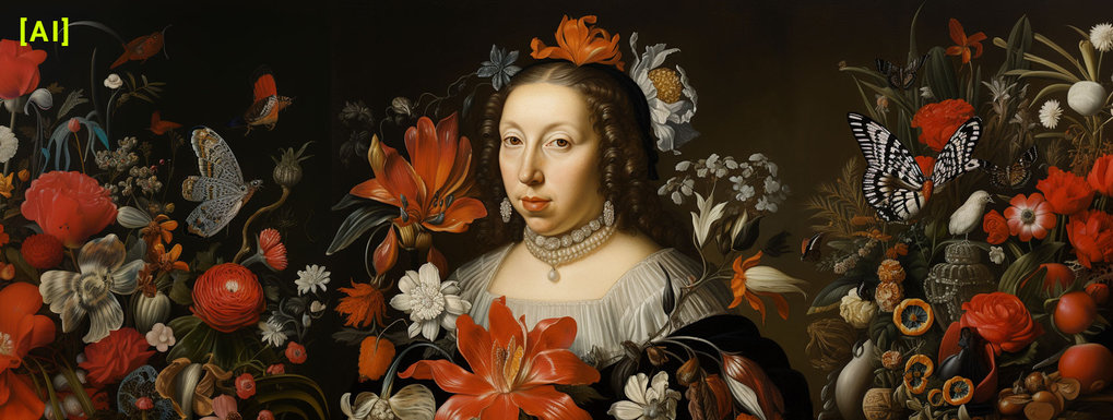 KI-generiertes Bild der Naturforscherin und Künstlerin Maria Sibylla Merian, von Gesine Born, mit den folgenden englischen Prompts: - oil painting of [Portrait of Sibylla Merian] from 1700, in the style of Dutch tradition, with paintings by Maria Sibylla Merian]
