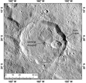 Consus Crater is located in the southern hemisphere of dwarf planet Ceres. The most striking structure in its interior is a smaller crater (