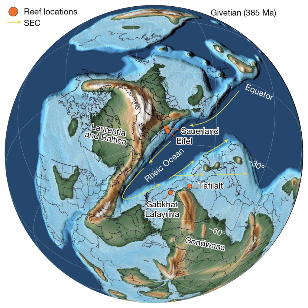 The globe shows a geological reconstruction of the continents during the Middle Devonian period. Today's continents and countries are outlined in black. On the south-eastern part of the globe lies a part of Gondwana, from which, among other things, sub-Saharan Africa emerged. The Sauerland and the Eifel are located on the east coast of Laurentia and Baltica, from which Scandinavia and Greenland were formed in addition to the Baltic states.