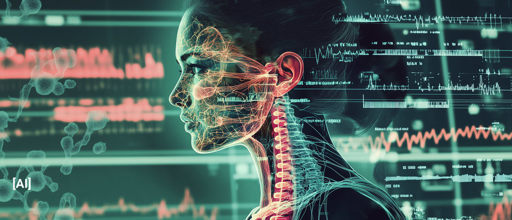 KI generiertes Symbolbild für KI in der Biomedizin; Der Prompt für das Programm Midjourney lautete: "an analysis matrix lies over the hologram of a woman, whose organs and skeletal structure can be seen, the evaluation can be seen on screens in the background, which are filled with charts and marked dna strands, digital illustration in the style of Ernst Haeckel"