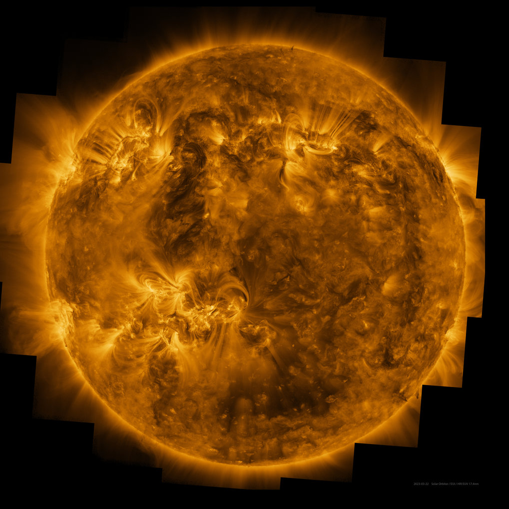 The EUI image shows the processes and structures in the solar corona. It is based on observational data from March 22, 2023. A version of the image for zooming in can be found under the link in the left-hand column.