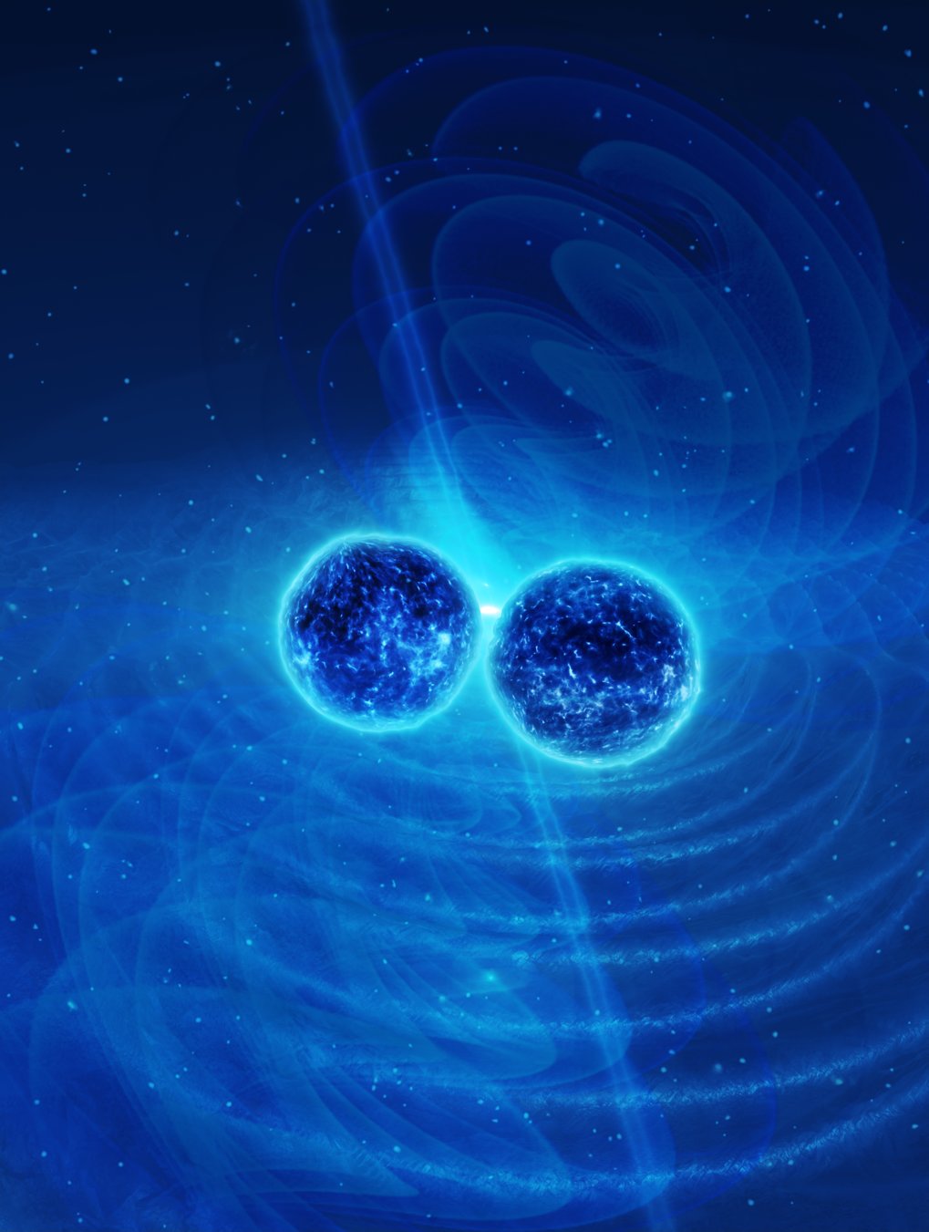 Two glowing blue spheres create ripples in the cosmos.