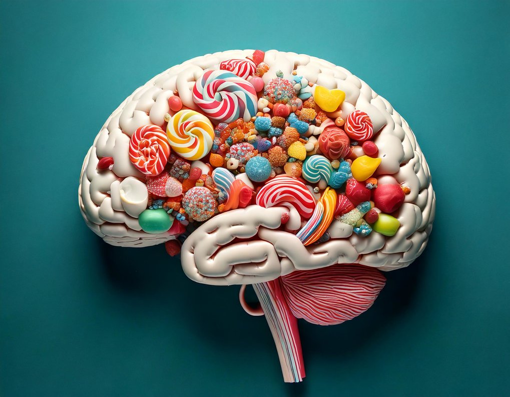 A model of a human brain placed on a green background and filled with various colourful sweets such as candies, lollipops and jelly beans.