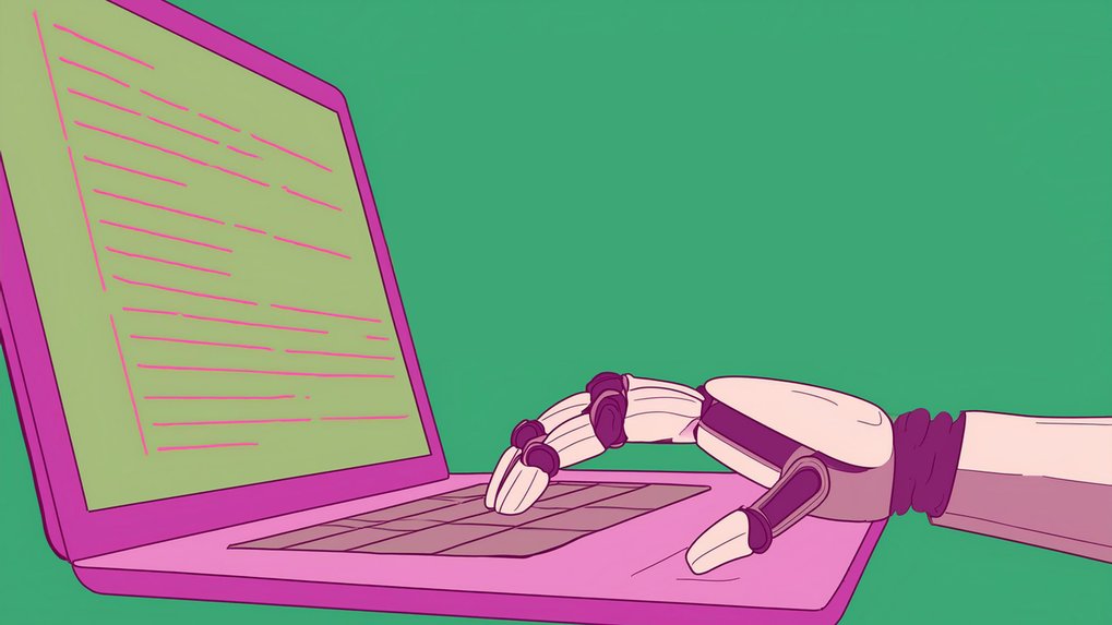 A Robot´s hand is typing on a pink laptop 