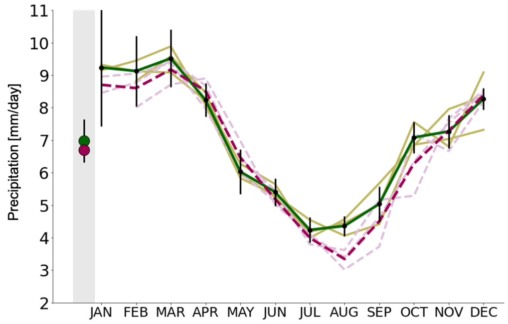 The graph shows the precipitation in millimetres per day on the vertical axis and the months of the year on the horizontal axis. Green and pink curves run like a V with high precipitation in January/February and December and low precipitation in July/August. There is hardly any significant difference between the green and pink curves.