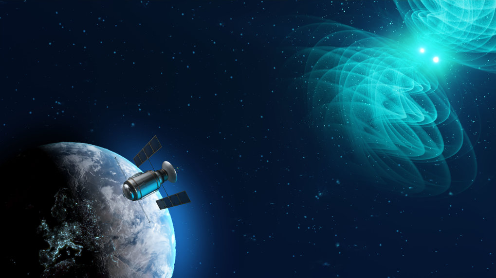 The satellite orbits the Earth in space, while glowing green gravitational waves can be seen in the background, spreading through the cosmos.