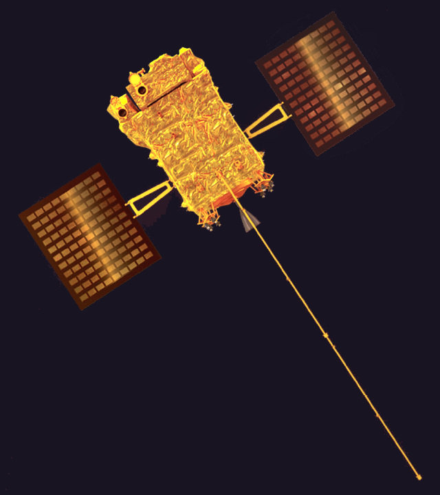 A satellite with a golden surface and two rectangular solar panels in space.