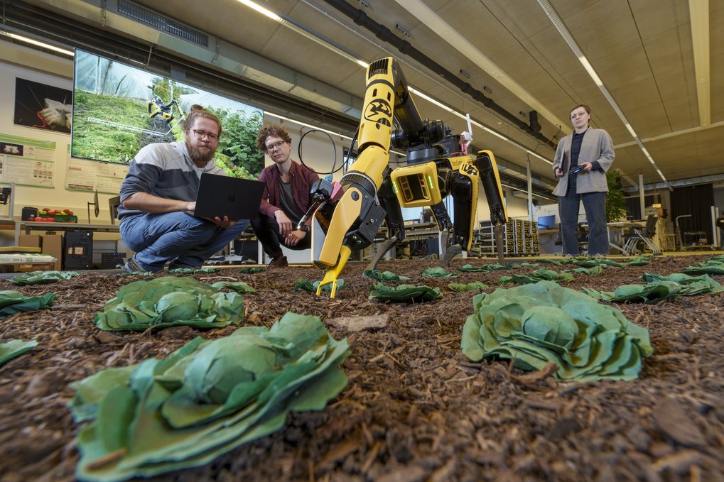 Yellow robot arm in a laboratory with artificial plants on the floor.